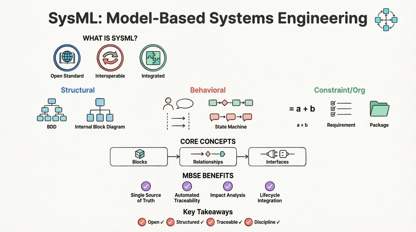 Infographic explaining SysML (Systems Modeling Language) for model-based systems engineering: shows what SysML is, the 9 diagram types (Block Definition, Internal Block, Use Case, Activity, Sequence, State Machine, Parametric, Requirement, Package), core concepts like blocks and relationships, and MBSE benefits including traceability and single source of truth, designed with clean flat style, black outlines, and pastel accent colors