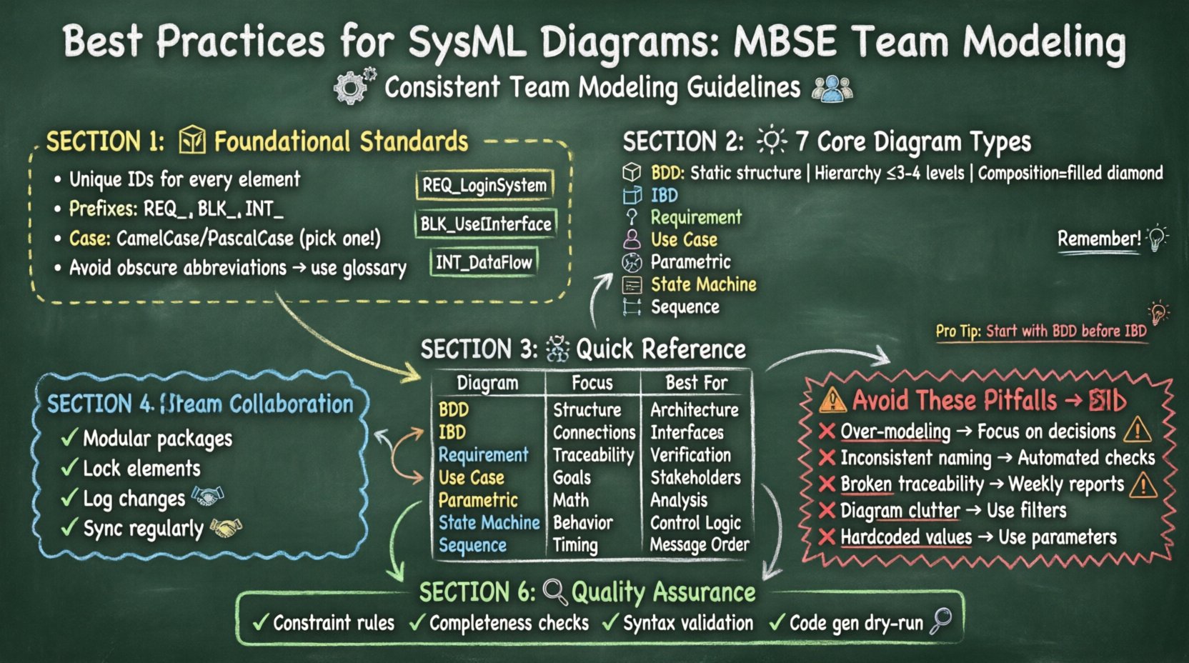 Chalkboard-style infographic illustrating SysML diagram best practices for MBSE teams, featuring foundational naming standards, seven core diagram types with key guidelines, collaboration workflows, common pitfalls to avoid, and quality assurance strategies, all presented in an easy-to-understand teacher's handwritten chalk aesthetic