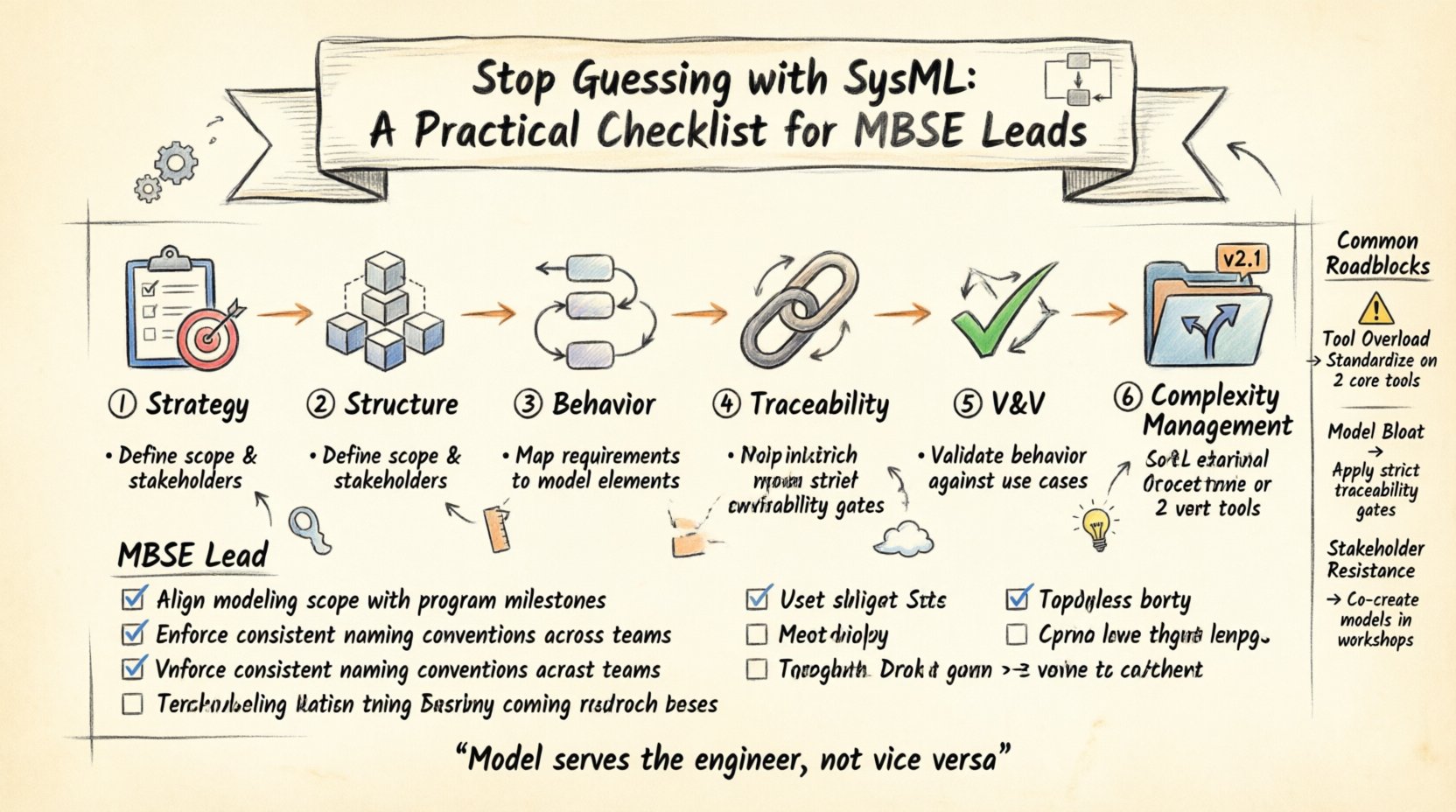 Hand-drawn infographic illustrating a 6-phase SysML MBSE implementation checklist for engineering leads: Strategy Definition, Structural Integrity, Behavioral Modeling, Traceability Alignment, Verification & Validation, and Complexity Management, with actionable items, common roadblocks, and success metrics for model-based systems engineering projects