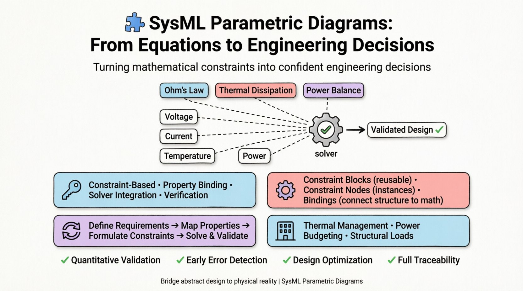 Infographic explaining SysML Parametric Diagrams: shows how constraint blocks, property bindings, and solvers transform mathematical equations into validated engineering decisions. Features key characteristics (constraint-based, property binding, solver integration, verification), core components, 4-step workflow (define requirements, map properties, formulate constraints, solve & validate), real-world applications (thermal management, power budgeting, structural loads), and benefits (quantitative validation, early error detection, design optimization, traceability). Clean flat design with black outlines, pastel accents, rounded shapes, and ample white space for student-friendly learning.