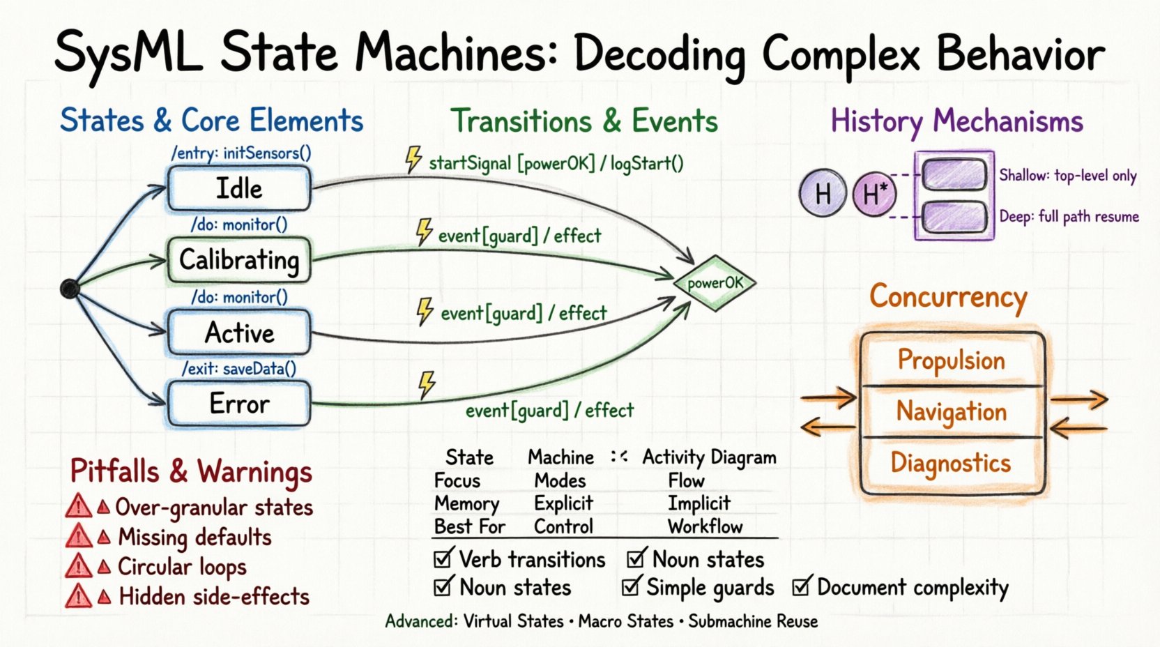 Hand-drawn whiteboard infographic explaining SysML State Machines: visual breakdown of core anatomy (states, transitions, events, entry/exit/do actions), history mechanisms (shallow H vs deep H*), orthogonal concurrency regions with split/join bars, comparison table: State Machine vs Activity Diagram, common modeling pitfalls with warning icons, and best practices checklist - color-coded with blue for states, green for transitions, purple for history, orange for concurrency, red for warnings, black for structure
