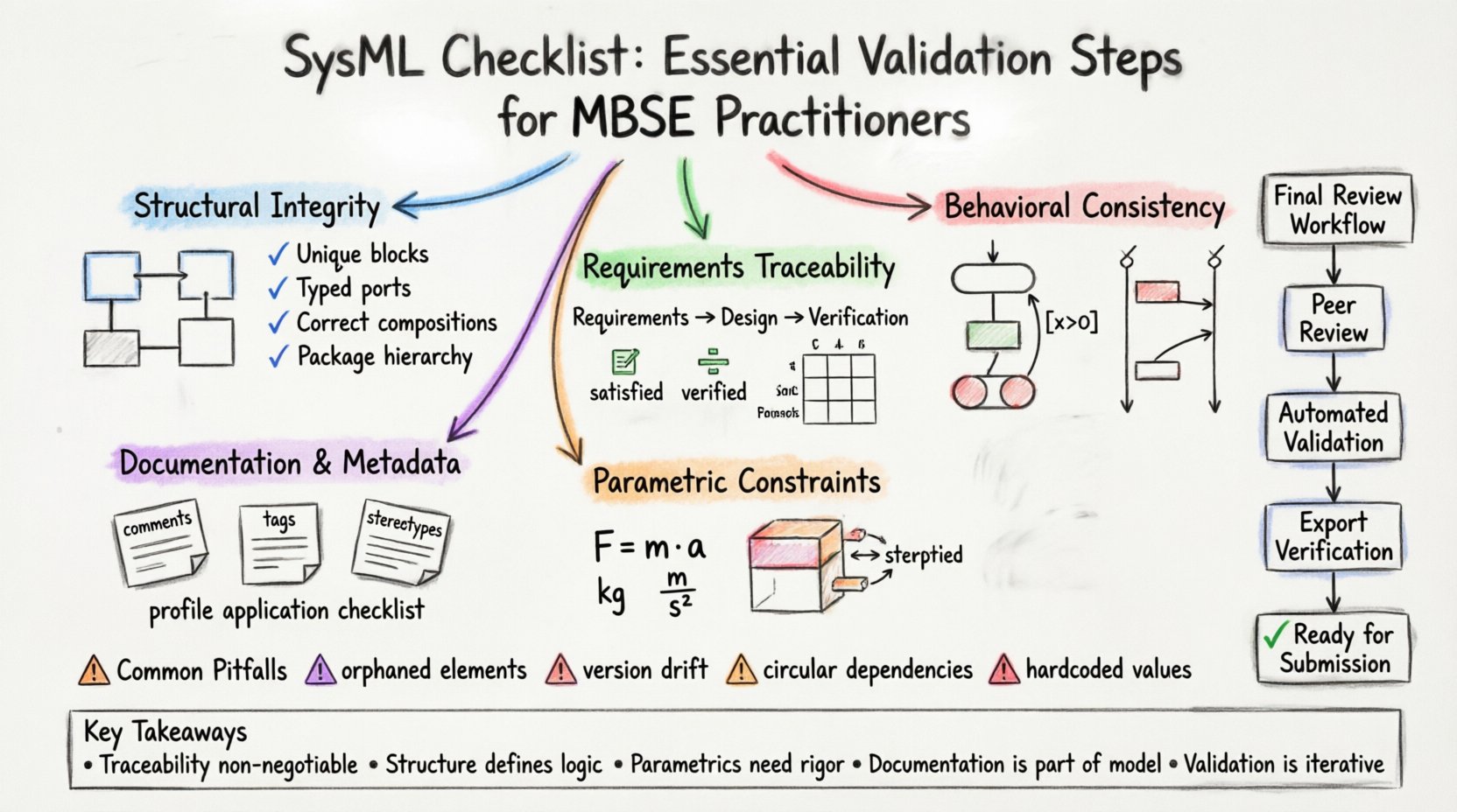 Hand-drawn whiteboard infographic illustrating the SysML model validation checklist for MBSE practitioners, featuring five color-coded validation domains: structural integrity (blue), requirements traceability (green), behavioral consistency (red), parametric constraints (orange), and documentation standards (purple), with key validation steps, common pitfalls to avoid, and a final review workflow diagram for ensuring model quality before submission