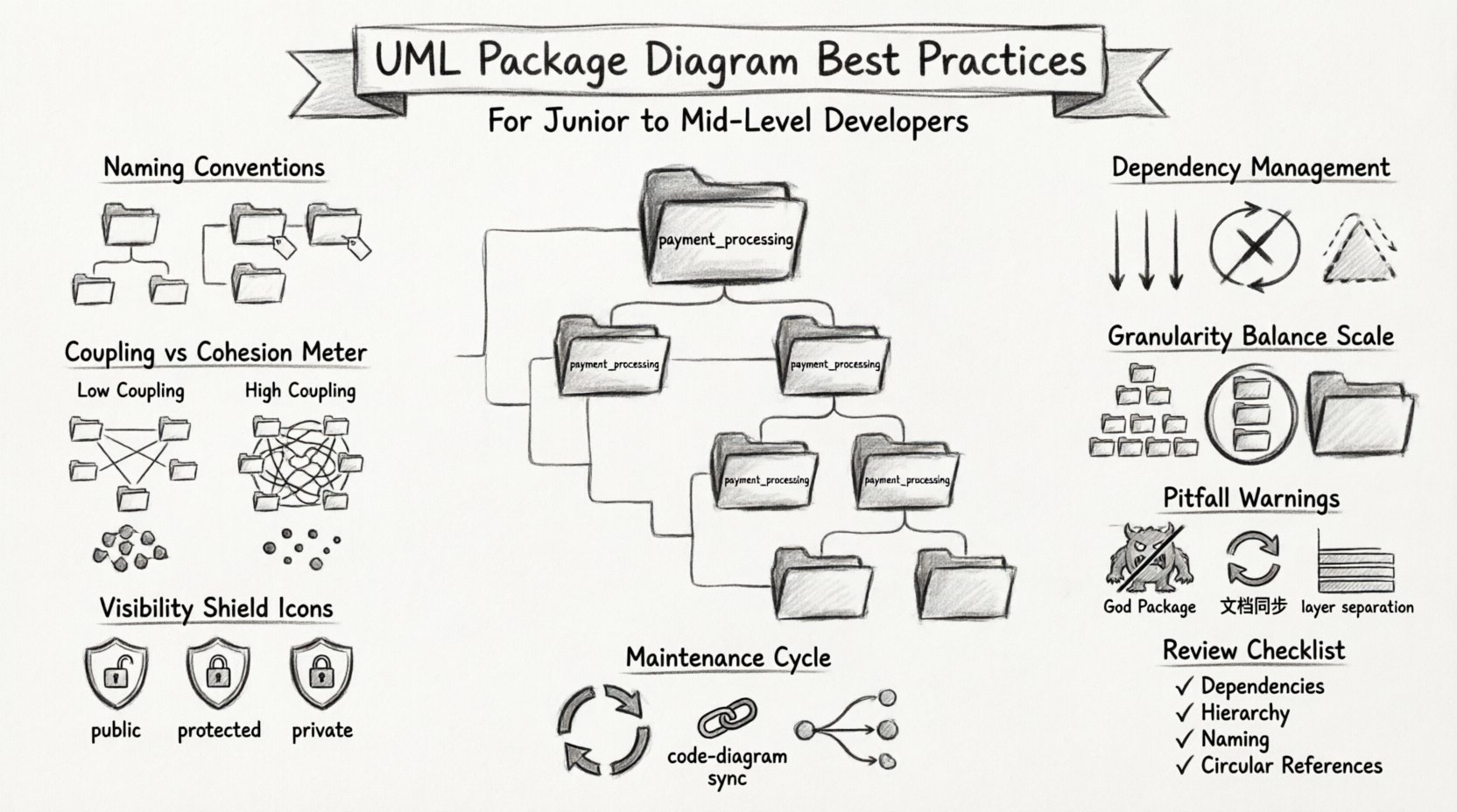 Charcoal sketch infographic illustrating UML Package Diagram best practices for junior to mid-level developers: hierarchical package naming conventions, unidirectional dependency flow, low coupling vs high cohesion visualization, balanced granularity guidelines, visibility access control symbols, common pitfalls warnings, and maintenance checklist for scalable software architecture