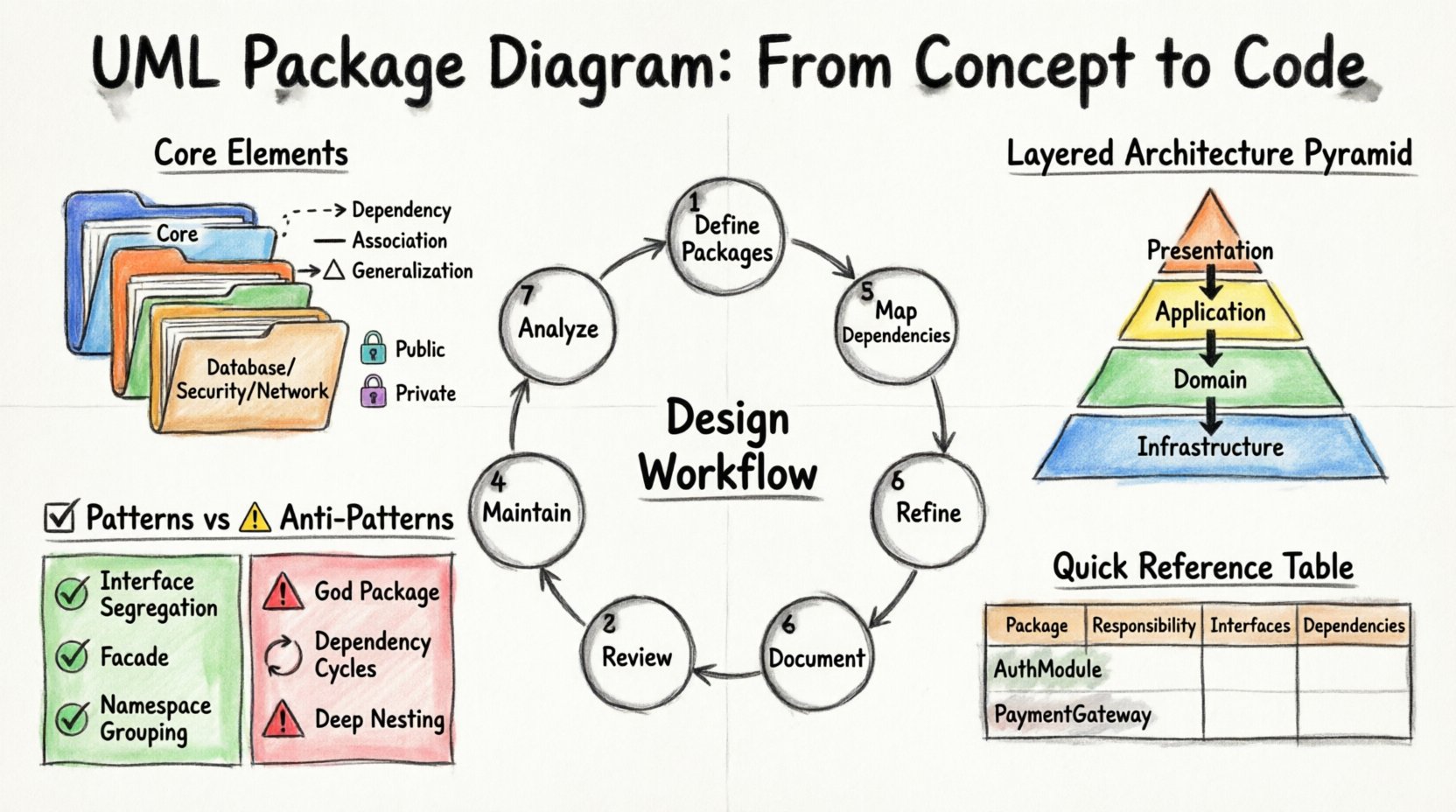 Hand-drawn marker illustration infographic explaining UML Package Diagrams: shows core elements (packages, relationships, visibility), layered architecture pyramid (Presentation/Application/Domain/Infrastructure), 7-step design workflow cycle, recommended patterns vs anti-patterns comparison, and quick reference table for package responsibilities - educational visual guide for software architects and developers