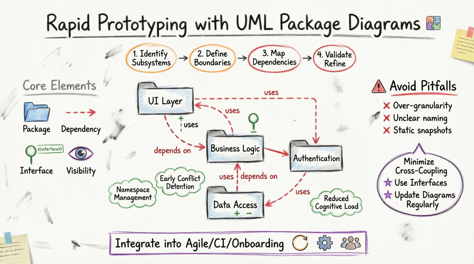 Hand-drawn whiteboard infographic illustrating UML Package Diagrams for rapid software prototyping: shows core elements (packages as folders, dependency arrows, interfaces, visibility), 5-step modeling process (identify subsystems, define boundaries, map dependencies, validate, refine), dependency management strategies, common pitfalls to avoid, and integration tips for Agile/CI workflows, using color-coded markers for visual clarity
