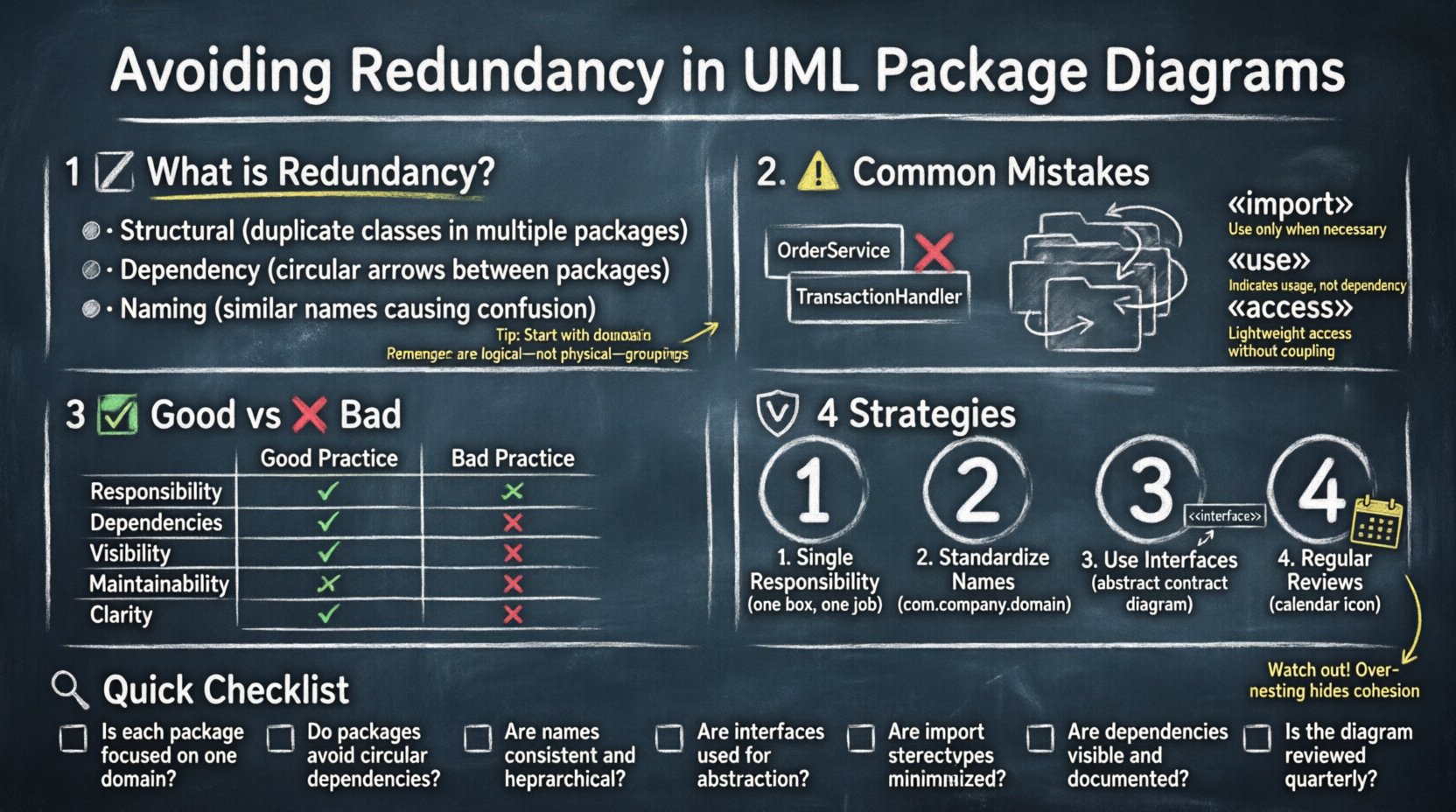 Chalkboard-style educational infographic illustrating common mistakes and best practices for avoiding redundancy in UML package diagrams, covering structural duplication, circular dependencies, naming conflicts, and four key strategies: single responsibility principle, standardized namespaces, interface-based decoupling, and regular architecture reviews, with visual comparison table and validation checklist for software architects