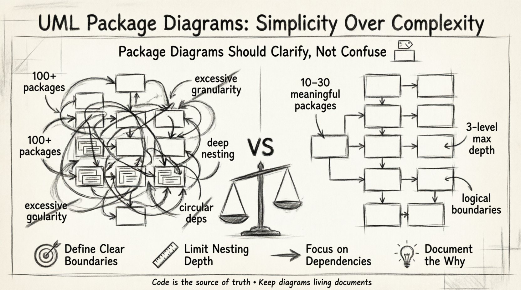 Charcoal contour sketch infographic contrasting over-engineered UML package diagrams with streamlined effective designs, illustrating key principles: avoid excessive granularity, limit nesting depth, eliminate circular dependencies, and focus on clear logical boundaries for maintainable software architecture
