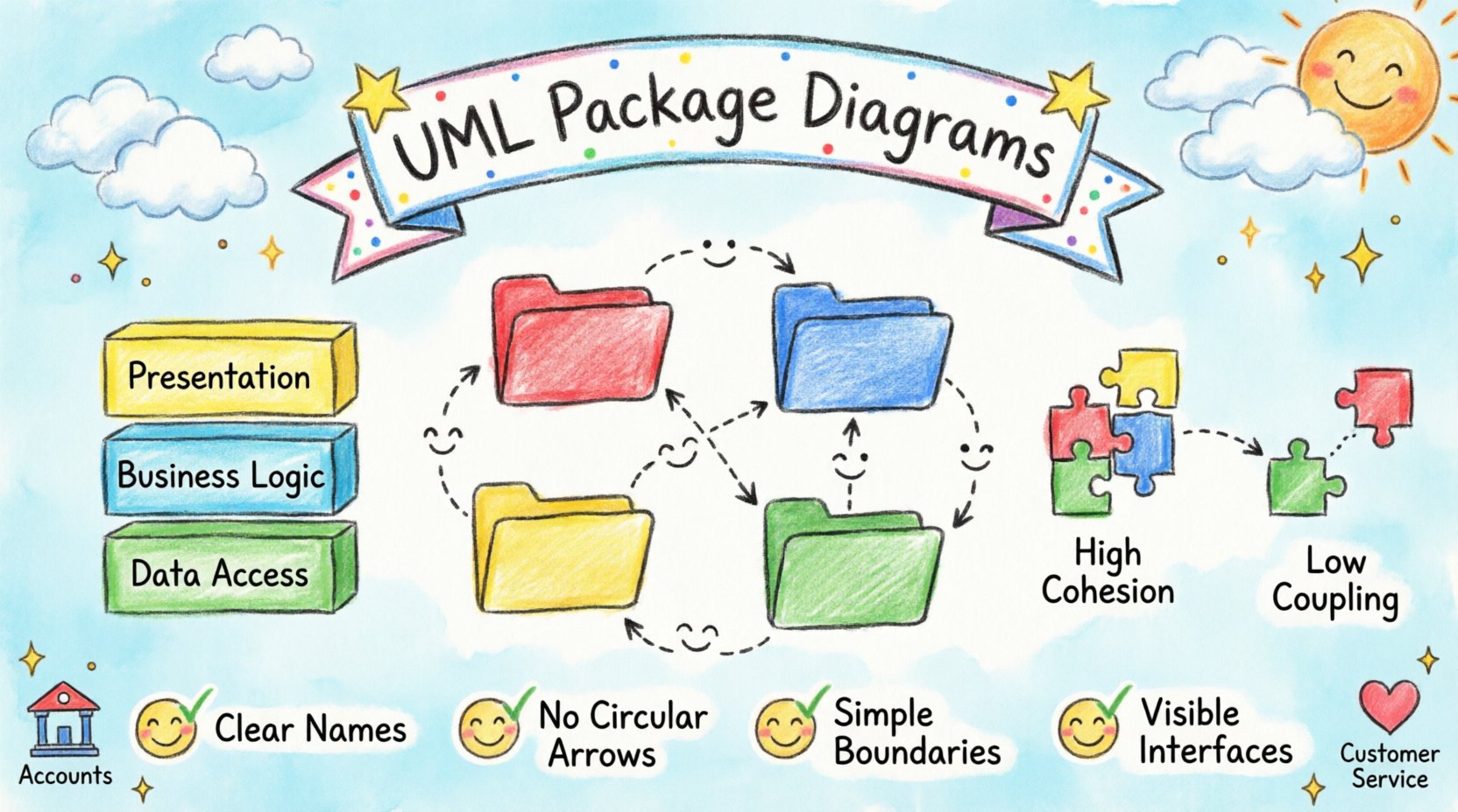 Child-style crayon drawing infographic explaining UML Package Diagrams for software architecture: colorful folder packages with dependency arrows, layered architecture blocks (Presentation, Business Logic, Data), modular puzzle pieces showing high cohesion and low coupling, and a smiley-face checklist of best practices for building scalable, maintainable systems