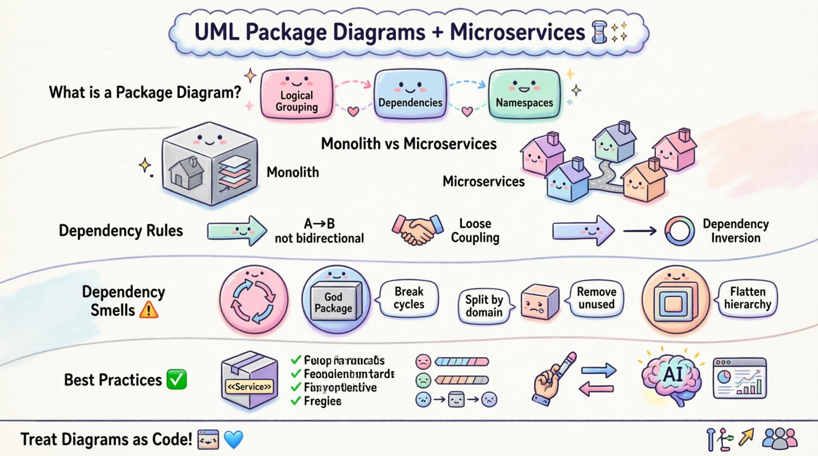 Kawaii cute vector infographic explaining UML Package Diagrams in Microservices Architecture: shows logical grouping, dependency management, monolith vs microservices comparison, dependency smell patterns, best practices checklist, and future trends with pastel colors, rounded shapes, and friendly icons for software architects and developers