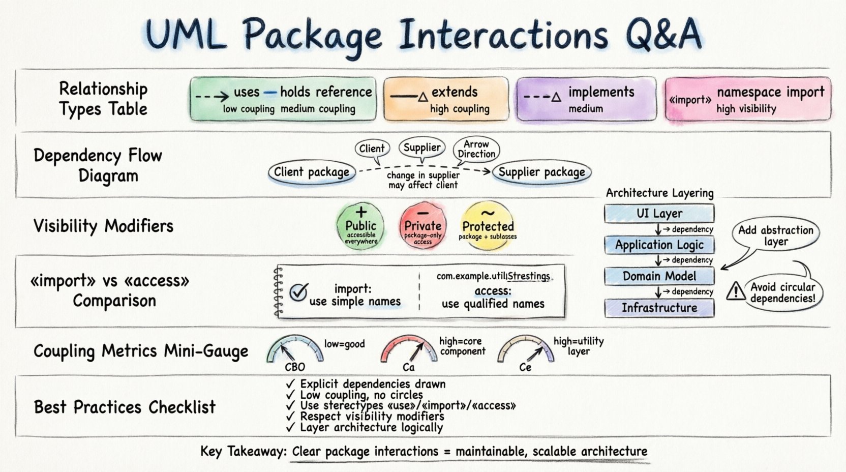 Marker-style infographic explaining UML package interactions: visual guide to dependency arrows, association vs dependency differences, visibility modifiers (public/private/protected), stereotypes like «import» and «access», architectural layering patterns, circular dependency solutions, coupling metrics (CBO/Ca/Ce), and best practices checklist for maintainable software architecture diagrams