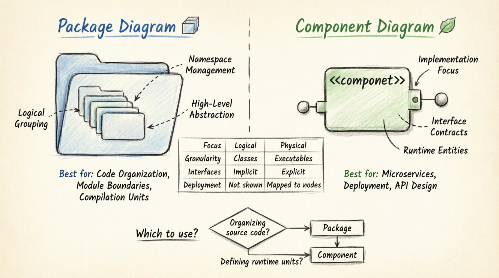 Hand-drawn infographic comparing UML Package Diagram and Component Diagram: Package Diagram shows logical grouping with folder icons, namespace management, and dependency arrows for code organization; Component Diagram displays runtime units with lollipop/socket interfaces, deployment mapping, and integration contracts for microservices; includes side-by-side feature comparison table and decision flowchart to help architects choose the right UML diagram for their design phase